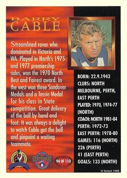 1996 Select AFL Hall of Fame #94 Barry Cable Back